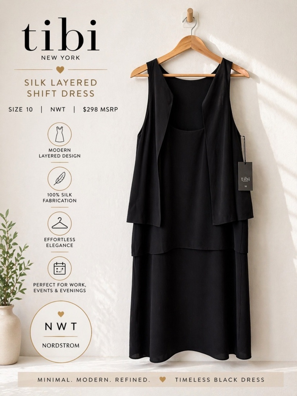 Tibi Size 10 Black Silk Layered Shift Dress NWT $298 MSRP